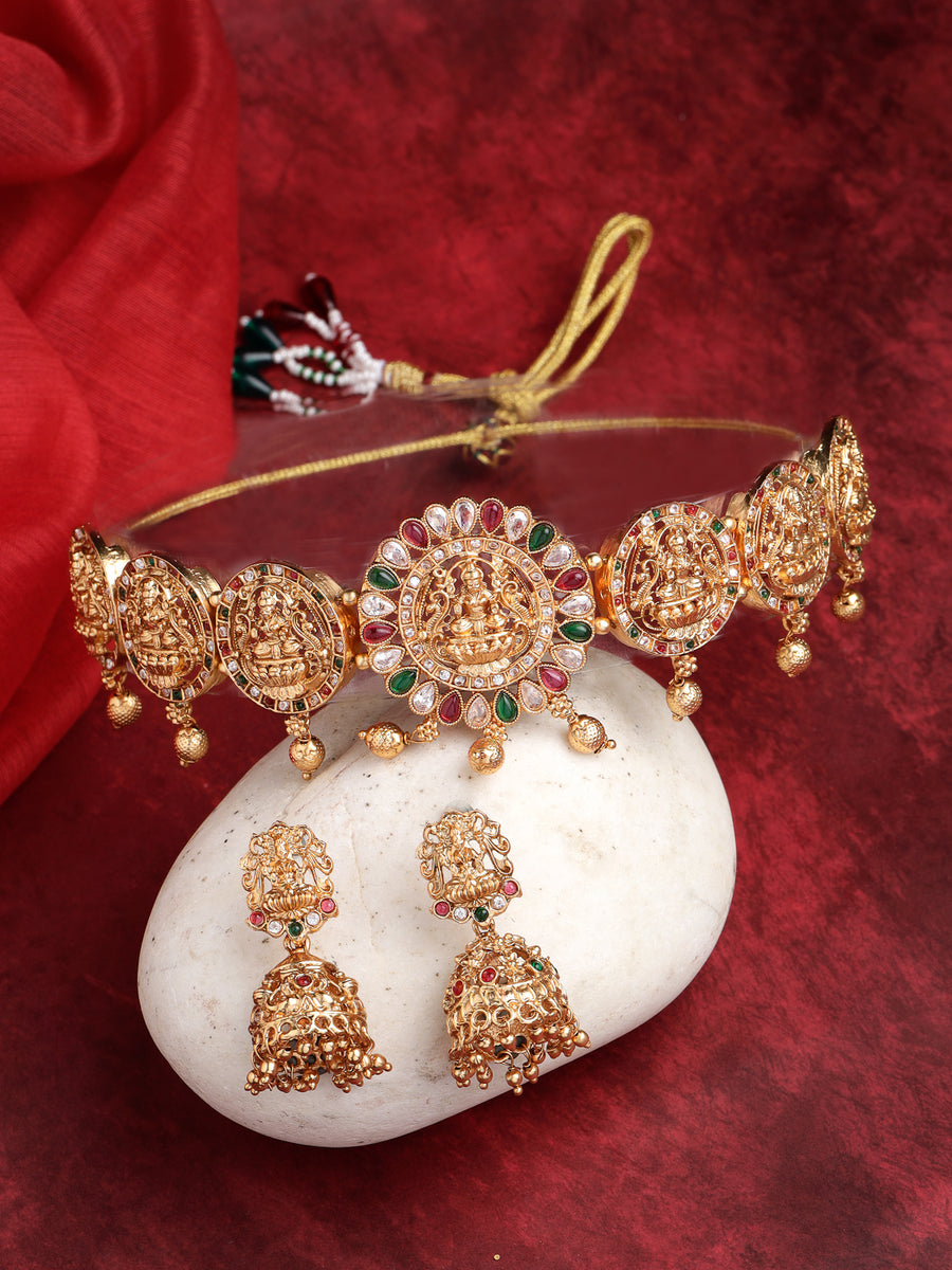 Sukkhi Cultivated Gold Plated Red Green AD Stones Studded Temple Gold Choker Necklace Set with Jhumki/Jhumka Earrings Jewellery Set For Women & Girls|NS106077