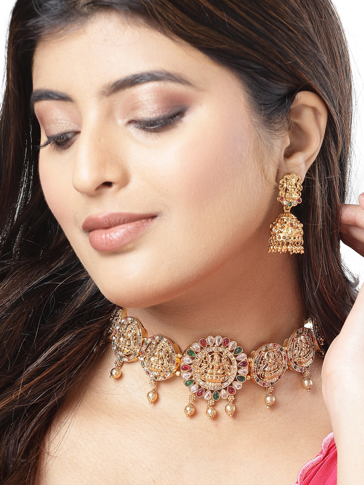 Sukkhi Cultivated Gold Plated Red Green AD Stones Studded Temple Gold Choker Necklace Set with Jhumki/Jhumka Earrings Jewellery Set For Women & Girls|NS106077