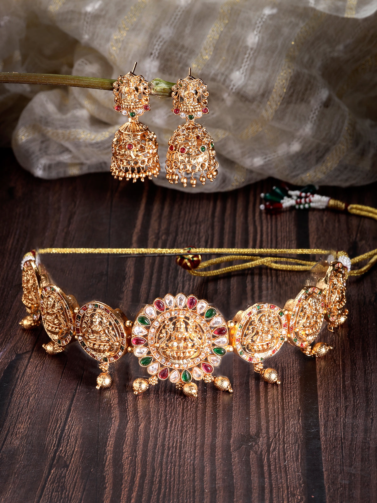 Sukkhi Cultivated Gold Plated Red Green AD Stones Studded Temple Gold Choker Necklace Set with Jhumki/Jhumka Earrings Jewellery Set For Women & Girls|NS106077