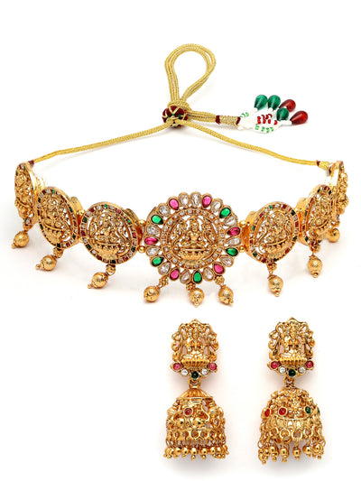 Sukkhi Cultivated Gold Plated Red Green AD Stones Studded Temple Gold Choker Necklace Set with Jhumki/Jhumka Earrings Jewellery Set For Women & Girls|NS106077