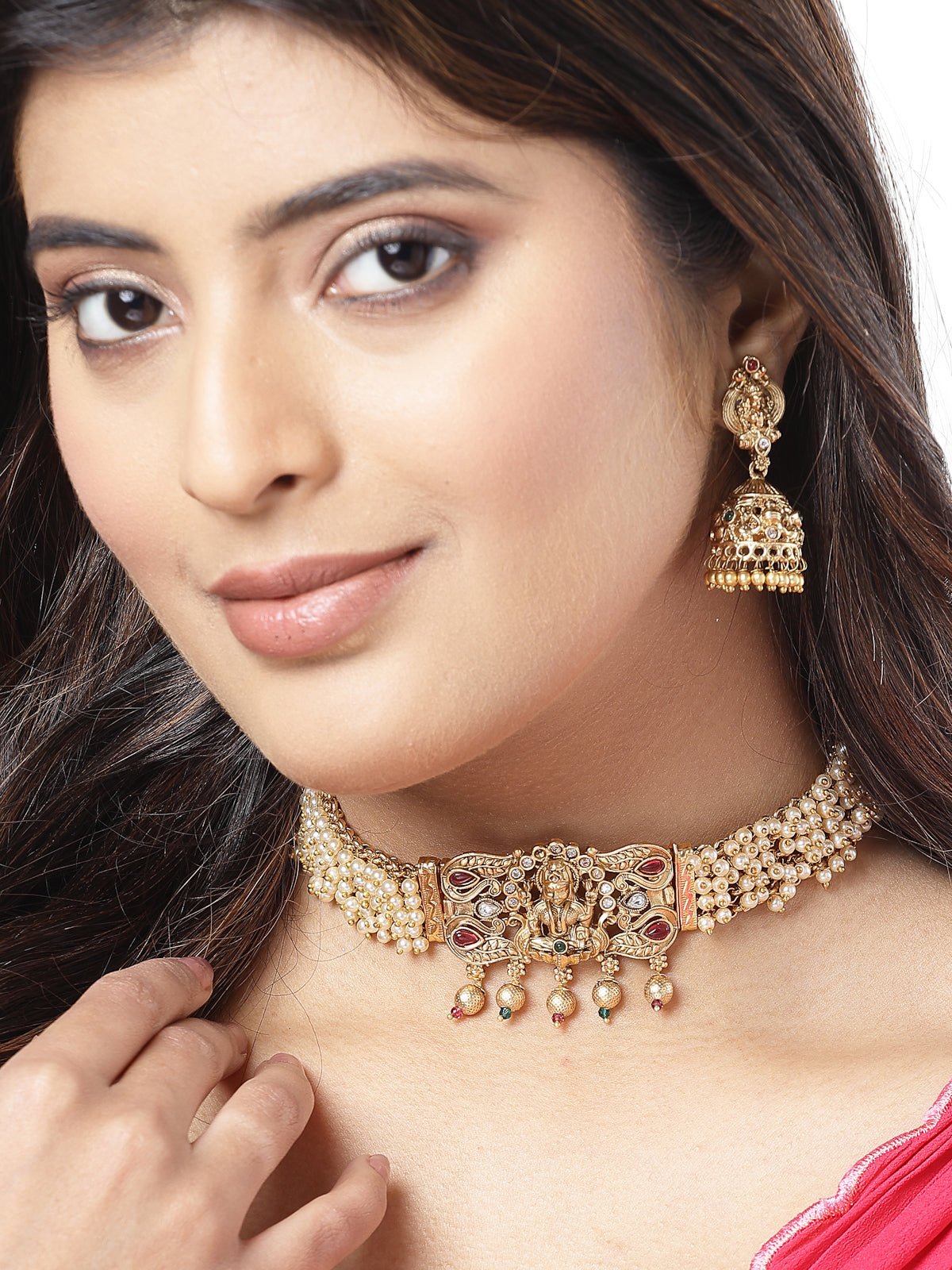 Sukkhi Classic Traditional Gold Plated with off White Pearls Temple Choker Necklace Set with Jhumka/Jhumki Earrings Jewellery Set For Women||NS106078