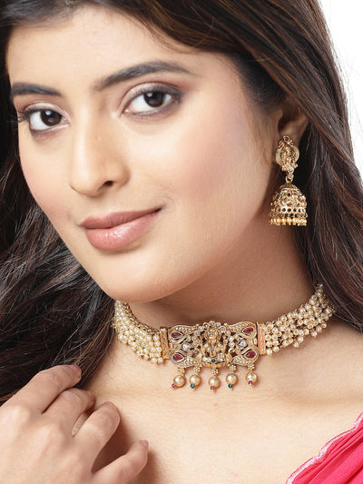 Sukkhi Classic Traditional Gold Plated with off White Pearls Temple Choker Necklace Set with Jhumka/Jhumki Earrings Jewellery Set For Women||NS106078