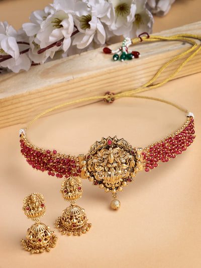 Sukkhi Eye-Catching Traditional Gold Plated Rani Pink Glass Beadded Temple Choker Necklace Set with Jhumki/Jhumka Earrings Jewellery Set For Women & Girls|NS106079
