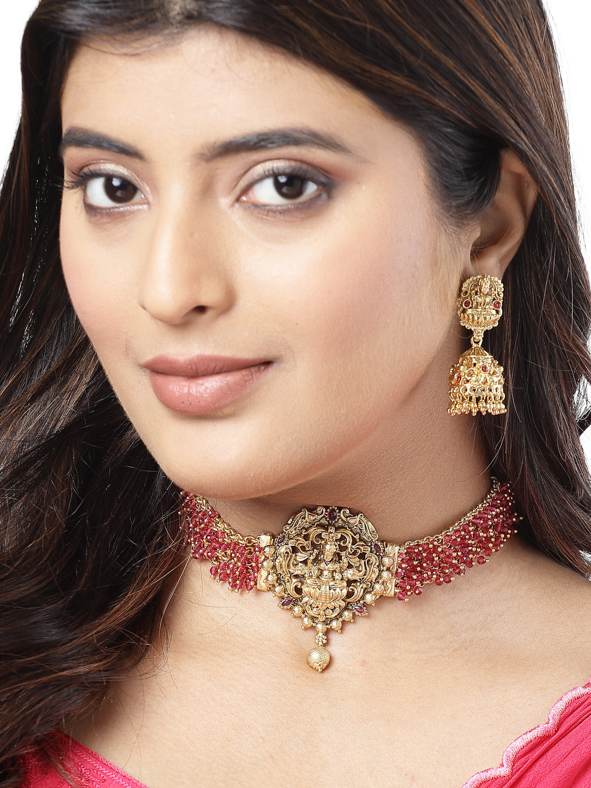 Sukkhi Eye-Catching Traditional Gold Plated Rani Pink Glass Beadded Temple Choker Necklace Set with Jhumki/Jhumka Earrings Jewellery Set For Women & Girls|NS106079