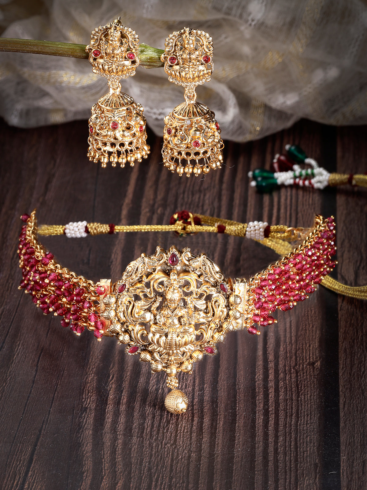 Sukkhi Eye-Catching Traditional Gold Plated Rani Pink Glass Beadded Temple Choker Necklace Set with Jhumki/Jhumka Earrings Jewellery Set For Women & Girls|NS106079