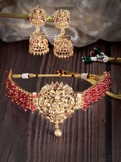Sukkhi Eye-Catching Traditional Gold Plated Rani Pink Glass Beadded Temple Choker Necklace Set with Jhumki/Jhumka Earrings Jewellery Set For Women & Girls|NS106079
