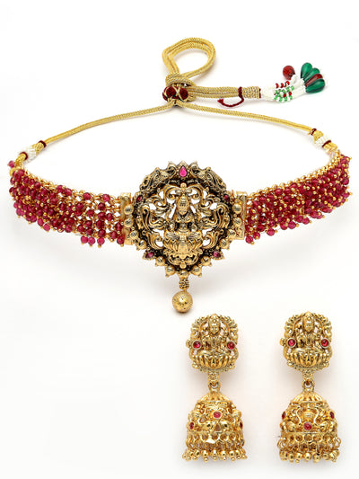 Sukkhi Eye-Catching Traditional Gold Plated Rani Pink Glass Beadded Temple Choker Necklace Set with Jhumki/Jhumka Earrings Jewellery Set For Women & Girls|NS106079