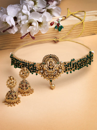 Sukkhi Delicate Traditional Gold Plated Green Glass Beadded Temple Choker Necklace Set with Jhumki/Jhumka Earrings Jewellery Set For Women & Girls|NS106080