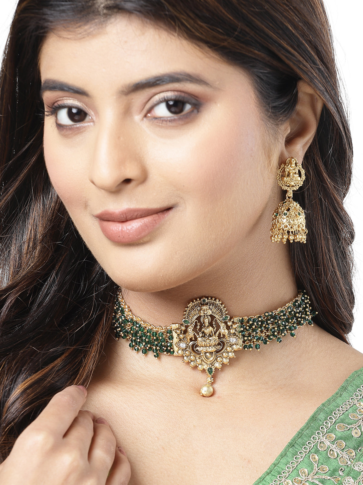 Sukkhi Delicate Traditional Gold Plated Green Glass Beadded Temple Choker Necklace Set with Jhumki/Jhumka Earrings Jewellery Set For Women & Girls|NS106080