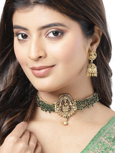 Sukkhi Delicate Traditional Gold Plated Green Glass Beadded Temple Choker Necklace Set with Jhumki/Jhumka Earrings Jewellery Set For Women & Girls|NS106080