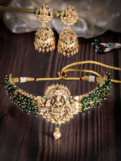 Sukkhi Delicate Traditional Gold Plated Green Glass Beadded Temple Choker Necklace Set with Jhumki/Jhumka Earrings Jewellery Set For Women & Girls|NS106080