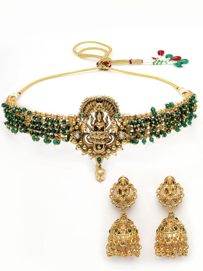 Sukkhi Delicate Traditional Gold Plated Green Glass Beadded Temple Choker Necklace Set with Jhumki/Jhumka Earrings Jewellery Set For Women & Girls|NS106080