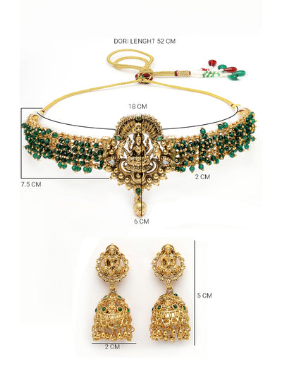 Sukkhi Delicate Traditional Gold Plated Green Glass Beadded Temple Choker Necklace Set with Jhumki/Jhumka Earrings Jewellery Set For Women & Girls|NS106080