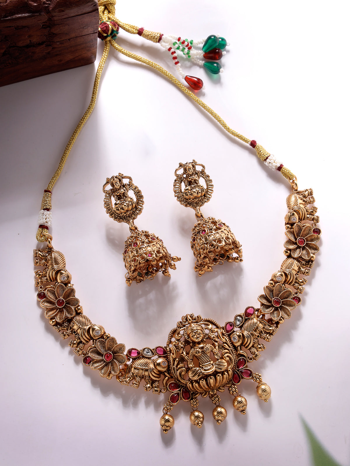 Sukkhi South Indian Traditional Gold Plated AD Stones Studded Choker Temple Gold Haram Designs Necklace Set with Jhumki/Jhumka Earrings Jewellery Set For Women & Girls|NS106081