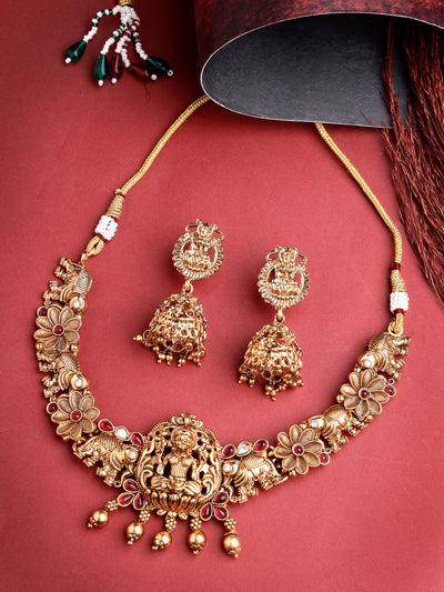 Sukkhi South Indian Traditional Gold Plated AD Stones Studded Choker Temple Gold Haram Designs Necklace Set with Jhumki/Jhumka Earrings Jewellery Set For Women & Girls|NS106081