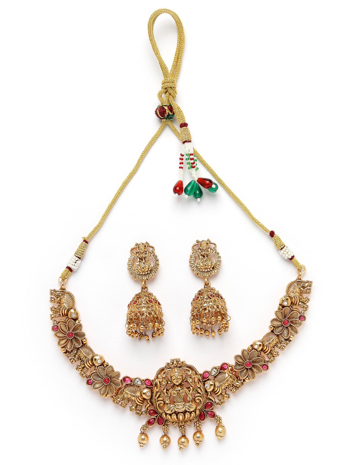 Sukkhi South Indian Traditional Gold Plated AD Stones Studded Choker Temple Gold Haram Designs Necklace Set with Jhumki/Jhumka Earrings Jewellery Set For Women & Girls|NS106081