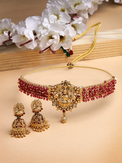 Sukkhi Iconic Traditional Gold Plated Rani Pink Glass Beadded Temple Choker Necklace Set with Jhumki/Jhumka Earrings Jewellery Set For Women & Girls|NS106082