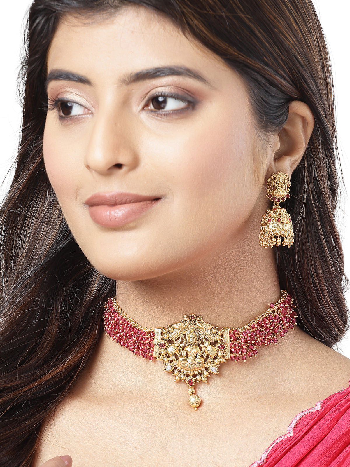 Sukkhi Iconic Traditional Gold Plated Rani Pink Glass Beadded Temple Choker Necklace Set with Jhumki/Jhumka Earrings Jewellery Set For Women & Girls|NS106082