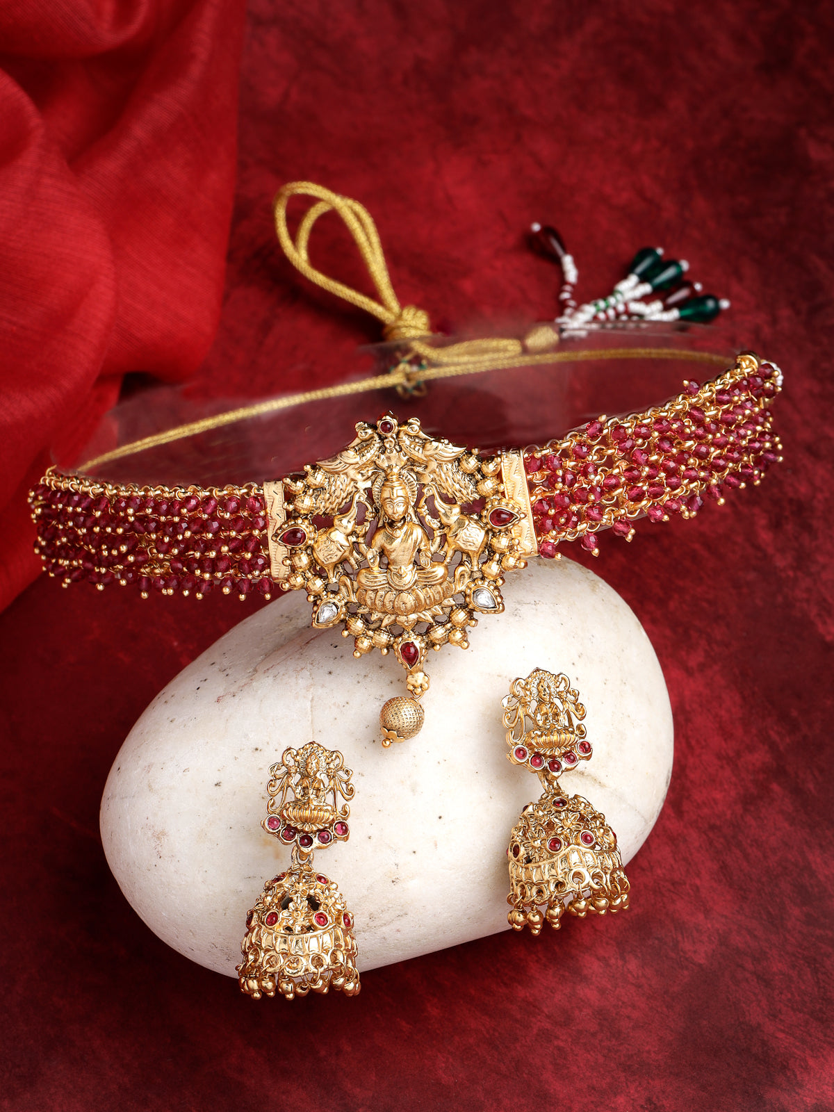 Sukkhi Iconic Traditional Gold Plated Rani Pink Glass Beadded Temple Choker Necklace Set with Jhumki/Jhumka Earrings Jewellery Set For Women & Girls|NS106082