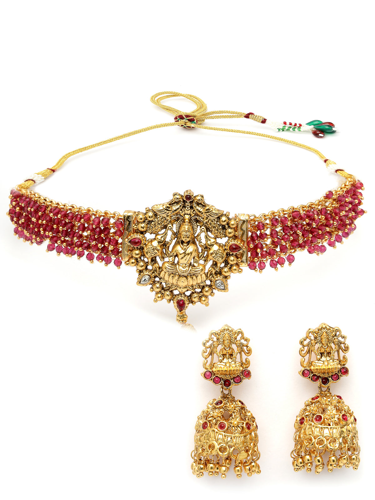 Sukkhi Iconic Traditional Gold Plated Rani Pink Glass Beadded Temple Choker Necklace Set with Jhumki/Jhumka Earrings Jewellery Set For Women & Girls|NS106082