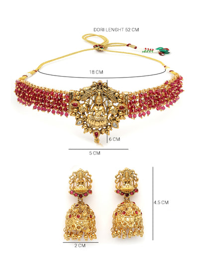 Sukkhi Iconic Traditional Gold Plated Rani Pink Glass Beadded Temple Choker Necklace Set with Jhumki/Jhumka Earrings Jewellery Set For Women & Girls|NS106082