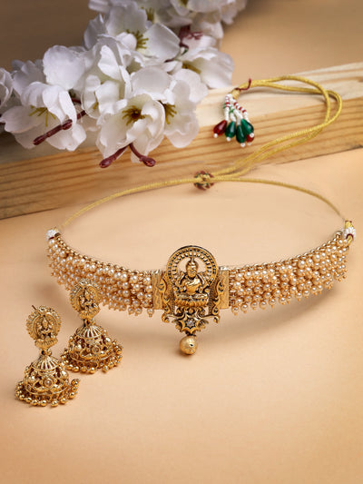 Sukkhi Creative Traditional Gold Plated White Beadded Temple Choker Necklace Set with Jhumki/Jhumka Earrings Jewellery Set For Women & Girls|NS106083
