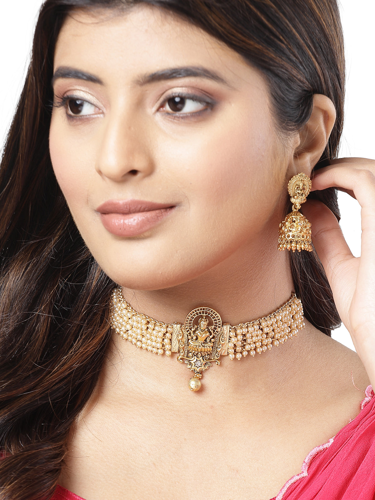 Sukkhi Creative Traditional Gold Plated White Beadded Temple Choker Necklace Set with Jhumki/Jhumka Earrings Jewellery Set For Women & Girls|NS106083