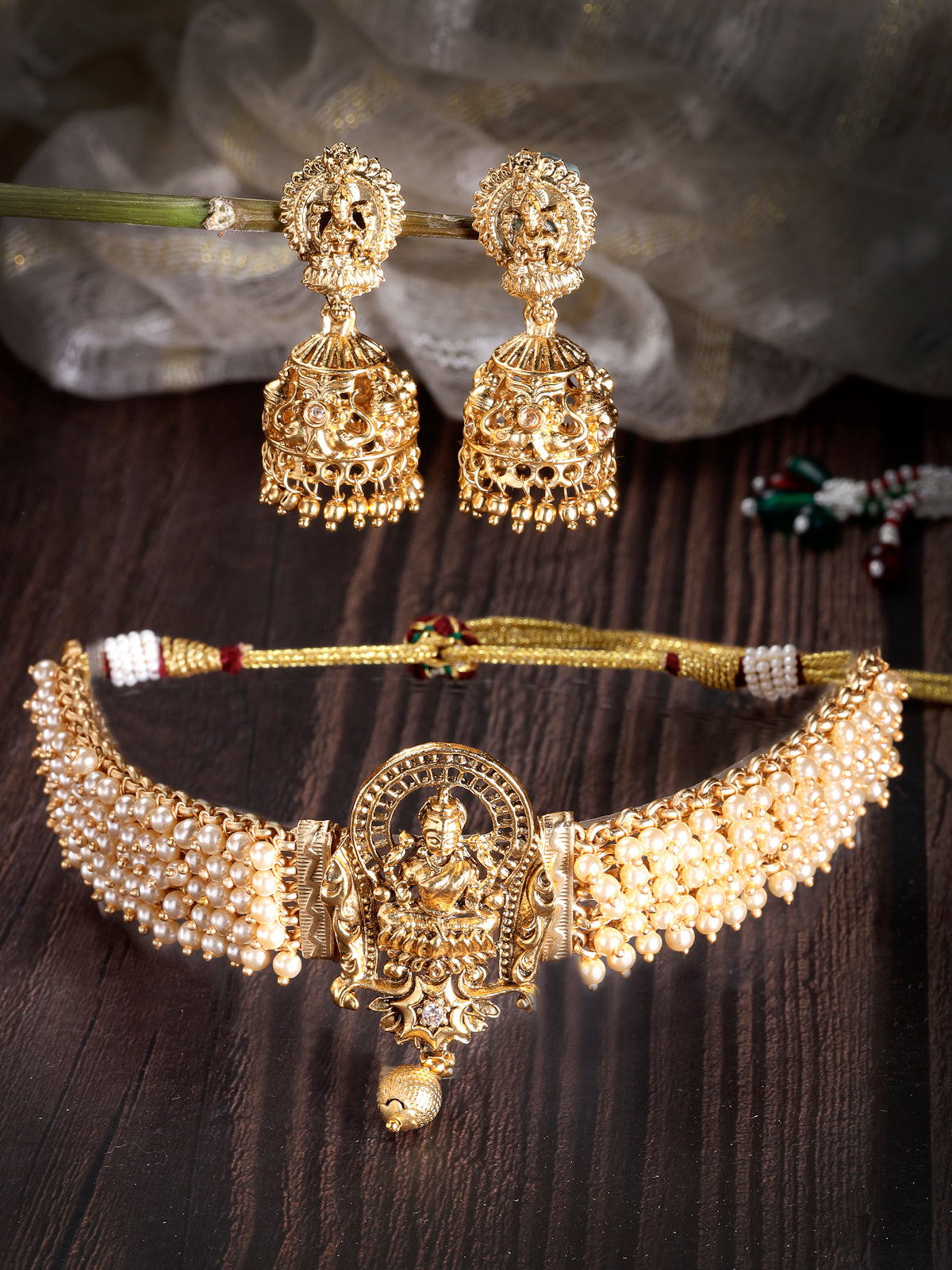Sukkhi Creative Traditional Gold Plated White Beadded Temple Choker Necklace Set with Jhumki/Jhumka Earrings Jewellery Set For Women & Girls|NS106083