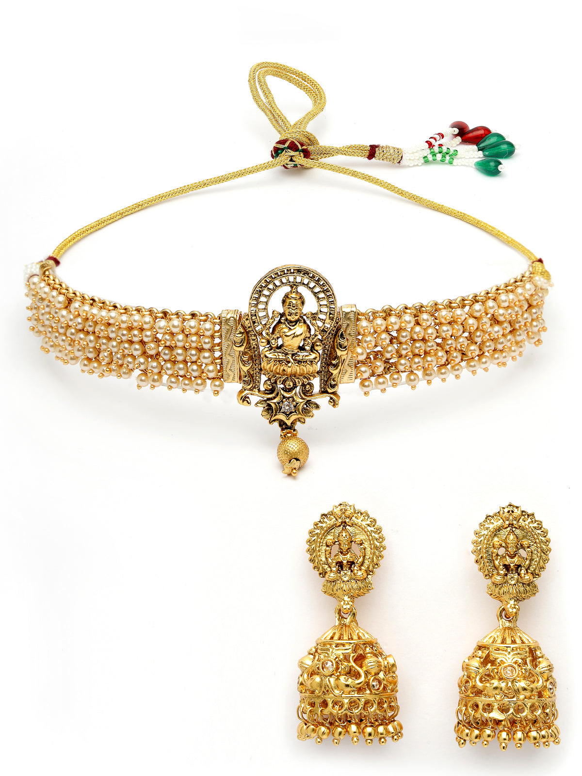 Sukkhi Creative Traditional Gold Plated White Beadded Temple Choker Necklace Set with Jhumki/Jhumka Earrings Jewellery Set For Women & Girls|NS106083