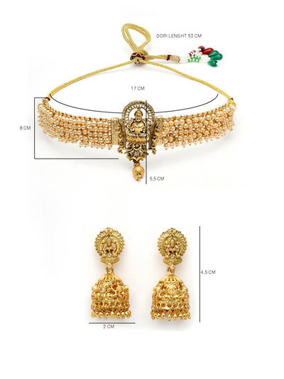 Sukkhi Creative Traditional Gold Plated White Beadded Temple Choker Necklace Set with Jhumki/Jhumka Earrings Jewellery Set For Women & Girls|NS106083