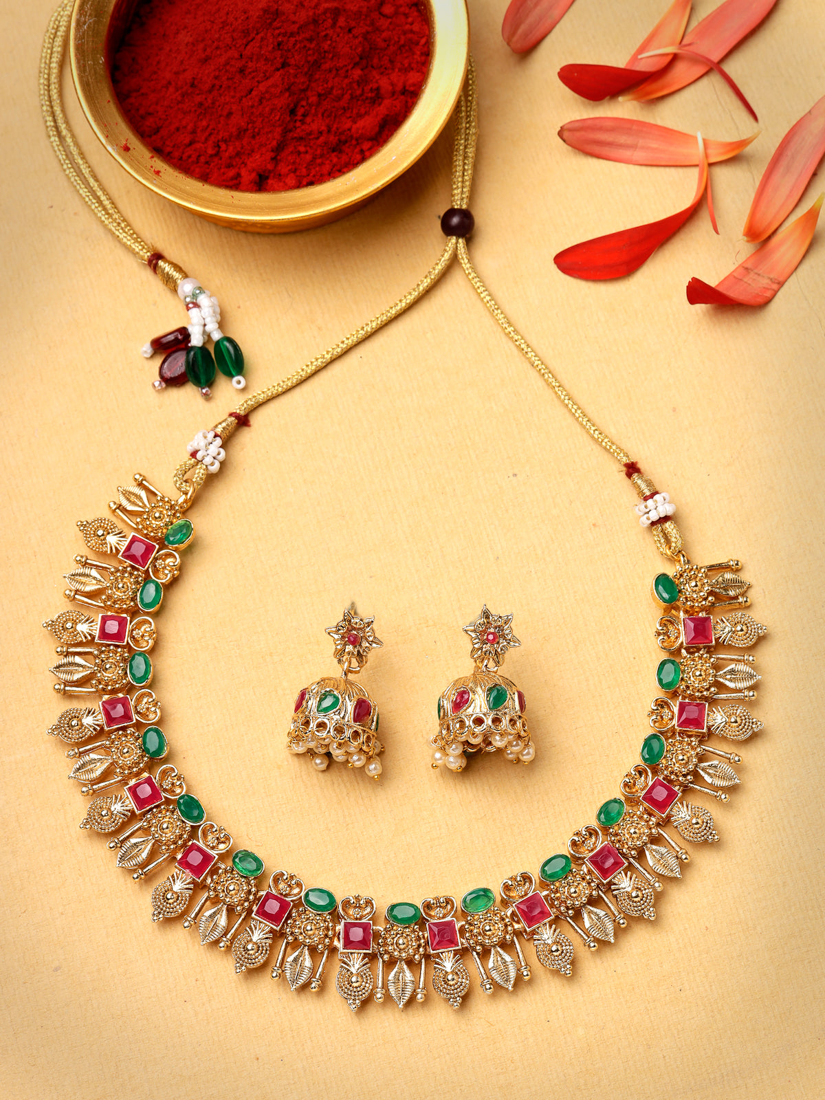Sukkhi Ethnic Gold Plated Red Green AD Stones Studded Choker Temple Necklace Set With Jhumki/Jhumka Earring Jewellery Set For Women & Girls|NS106084
