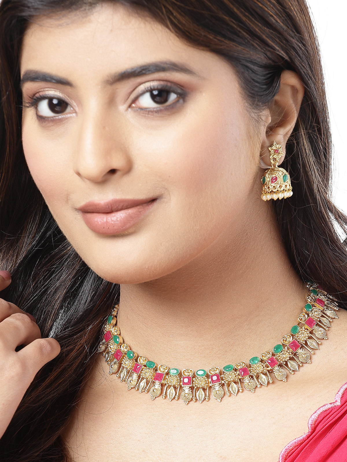 Sukkhi Ethnic Gold Plated Red Green AD Stones Studded Choker Temple Necklace Set With Jhumki/Jhumka Earring Jewellery Set For Women & Girls|NS106084