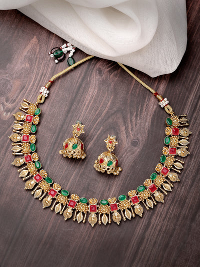 Sukkhi Ethnic Gold Plated Red Green AD Stones Studded Choker Temple Necklace Set With Jhumki/Jhumka Earring Jewellery Set For Women & Girls|NS106084