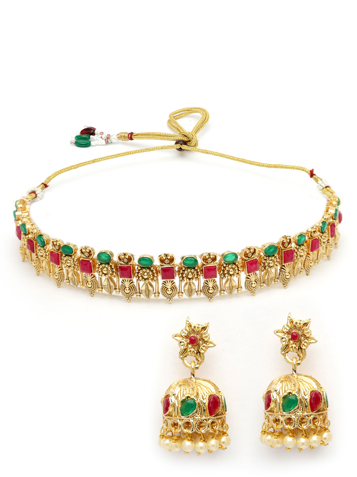 Sukkhi Ethnic Gold Plated Red Green AD Stones Studded Choker Temple Necklace Set With Jhumki/Jhumka Earring Jewellery Set For Women & Girls|NS106084