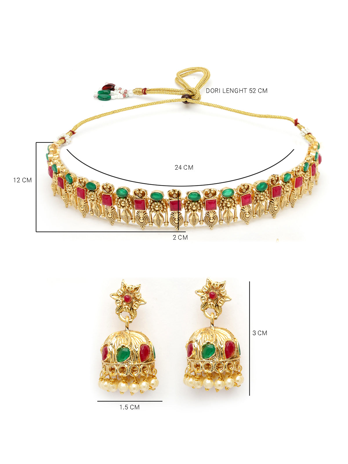 Sukkhi Ethnic Gold Plated Red Green AD Stones Studded Choker Temple Necklace Set With Jhumki/Jhumka Earring Jewellery Set For Women & Girls|NS106084