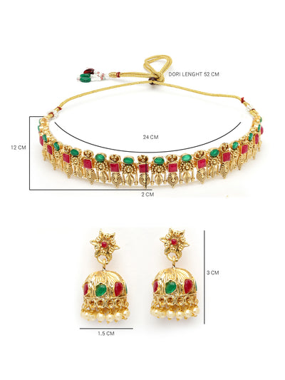 Sukkhi Ethnic Gold Plated Red Green AD Stones Studded Choker Temple Necklace Set With Jhumki/Jhumka Earring Jewellery Set For Women & Girls|NS106084