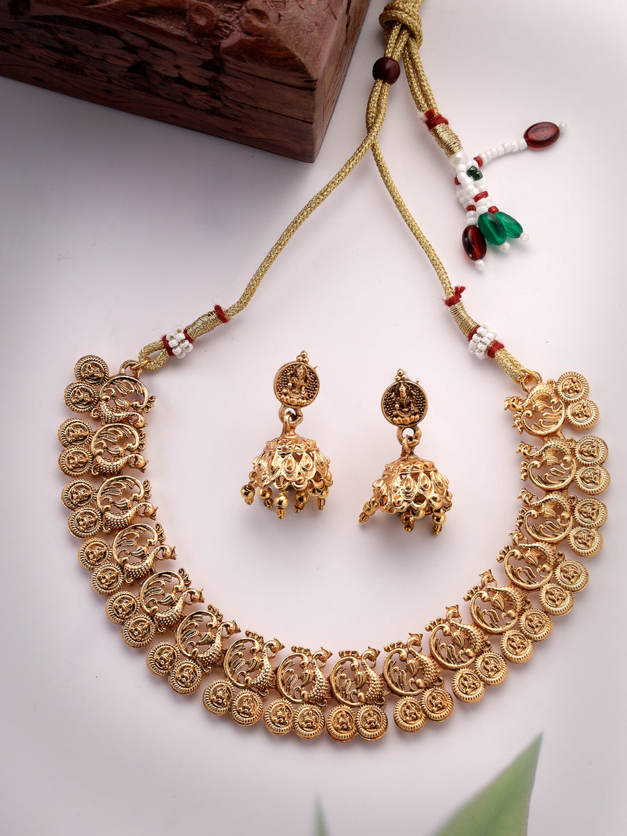 Sukkhi Classic-Inspired Gold Plated Gold Choker Temple with Peacock Shaped Necklace Set with Jhumka/Jhumki Earrings Jewellery Set for Women & Girls| Set of 1|NS106085