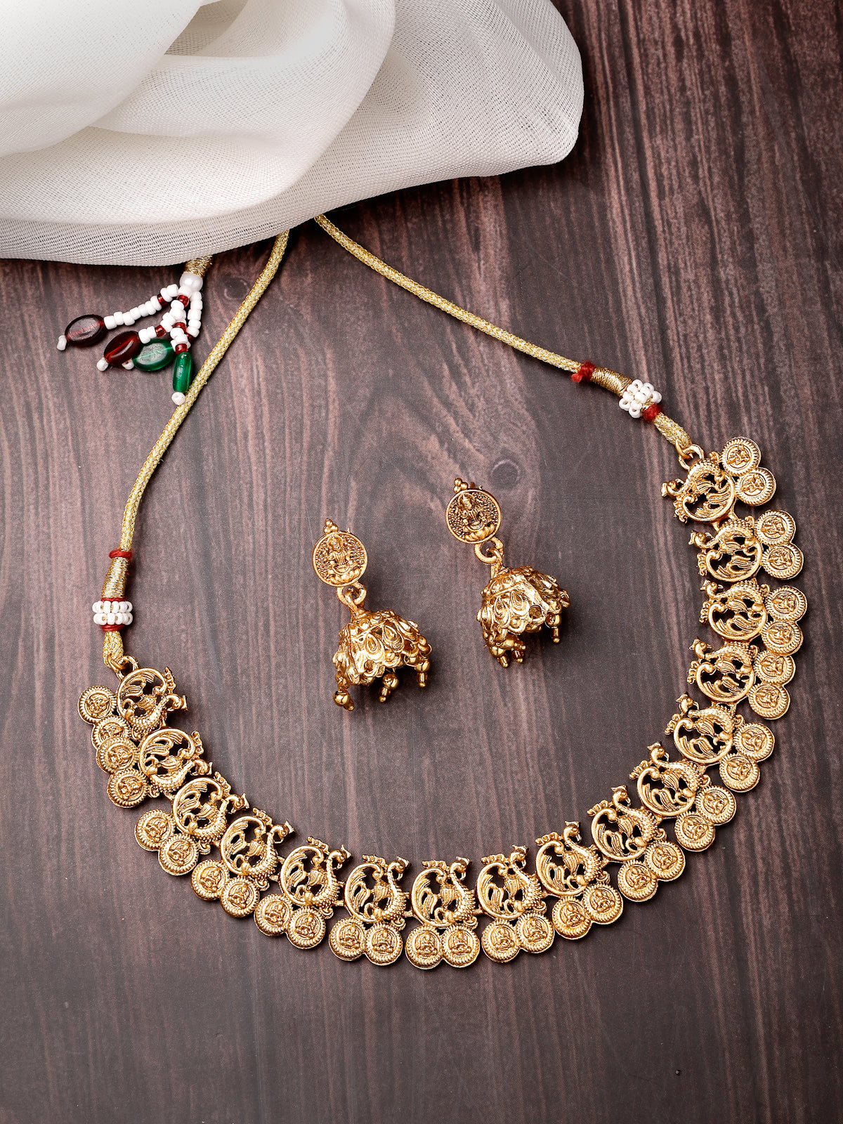 Sukkhi Classic-Inspired Gold Plated Gold Choker Temple with Peacock Shaped Necklace Set with Jhumka/Jhumki Earrings Jewellery Set for Women & Girls| Set of 1|NS106085