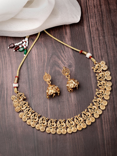 Sukkhi Classic-Inspired Gold Plated Gold Choker Temple with Peacock Shaped Necklace Set with Jhumka/Jhumki Earrings Jewellery Set for Women & Girls| Set of 1|NS106085