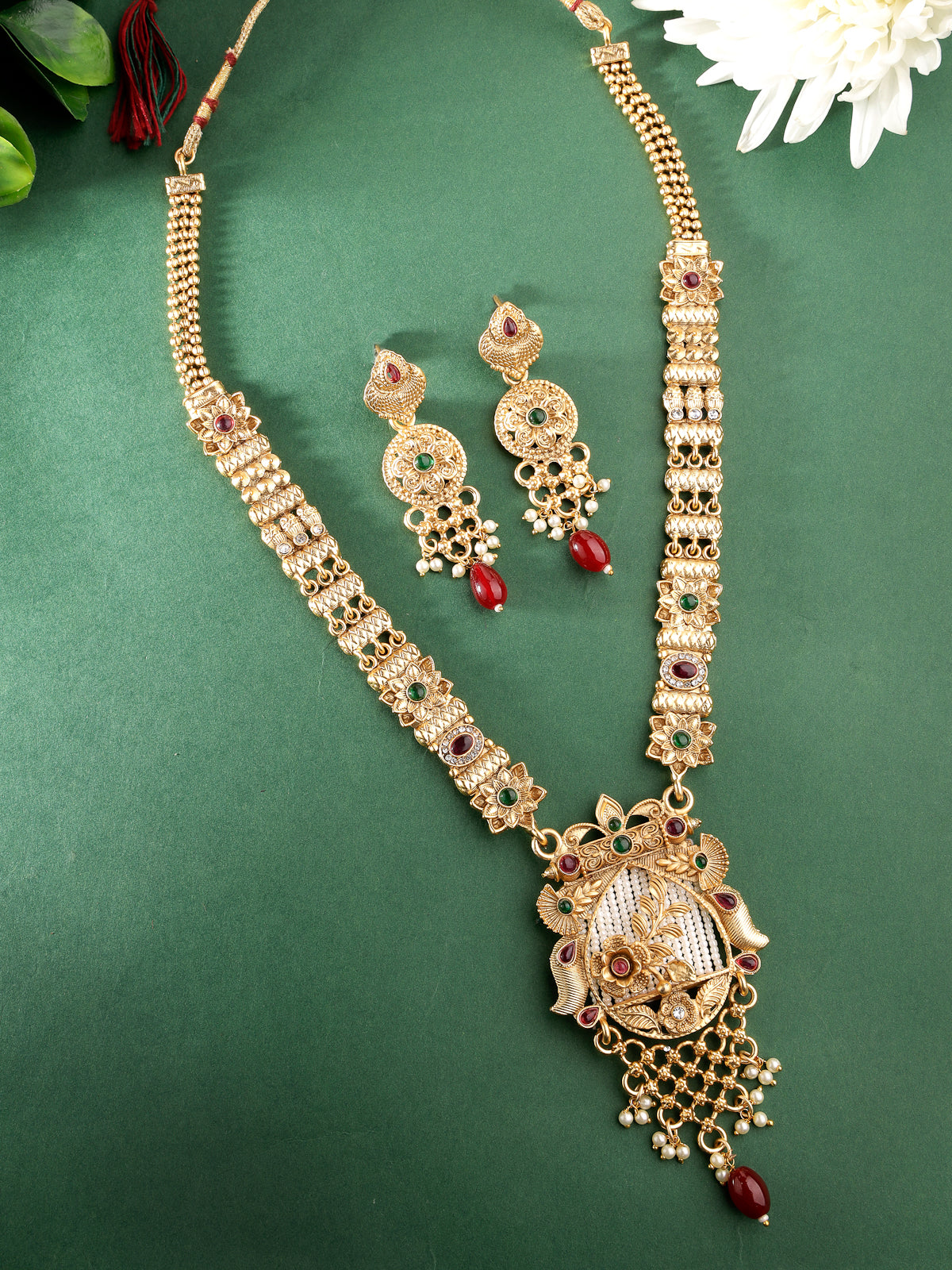 Sukkhi Artistic Gold Plated Floral Gold Haram Designs Long Necklace Set with Dangler Earrings Jewellery Set For Women & Girls|Set of 1|NS106086
