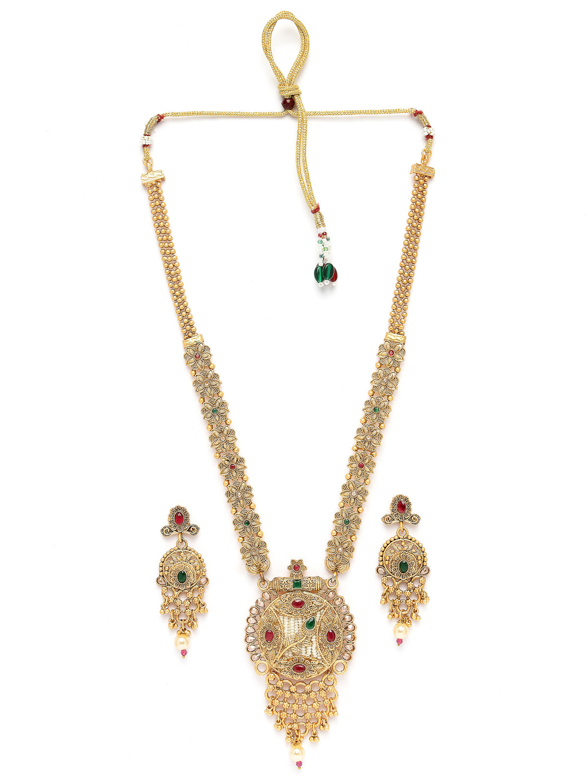 Sukkhi Heavy Look Gold Plated Red Green AD Stones Studded Floral Gold Haram Designs Long Necklace Set with Dangler Earrings Jewellery Set For Women & Girls|Set of 1|NS106087