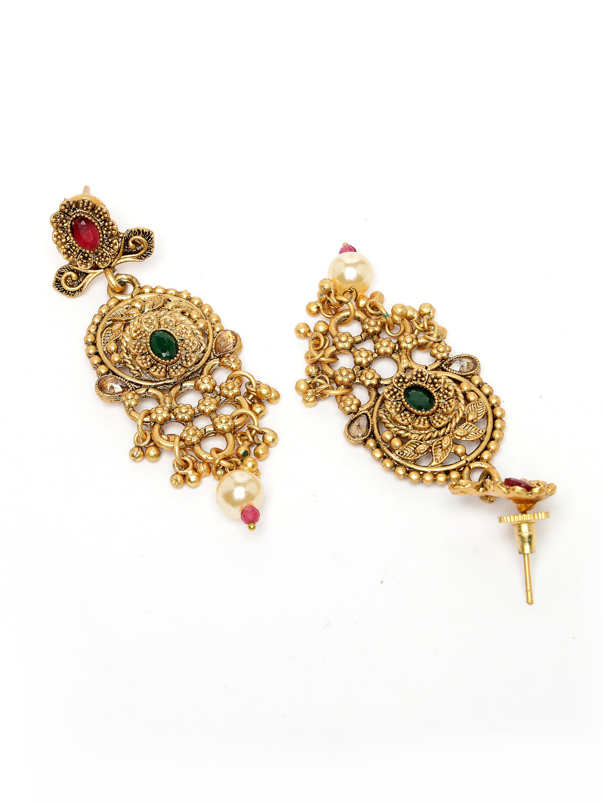 Sukkhi Heavy Look Gold Plated Red Green AD Stones Studded Floral Gold Haram Designs Long Necklace Set with Dangler Earrings Jewellery Set For Women & Girls|Set of 1|NS106087