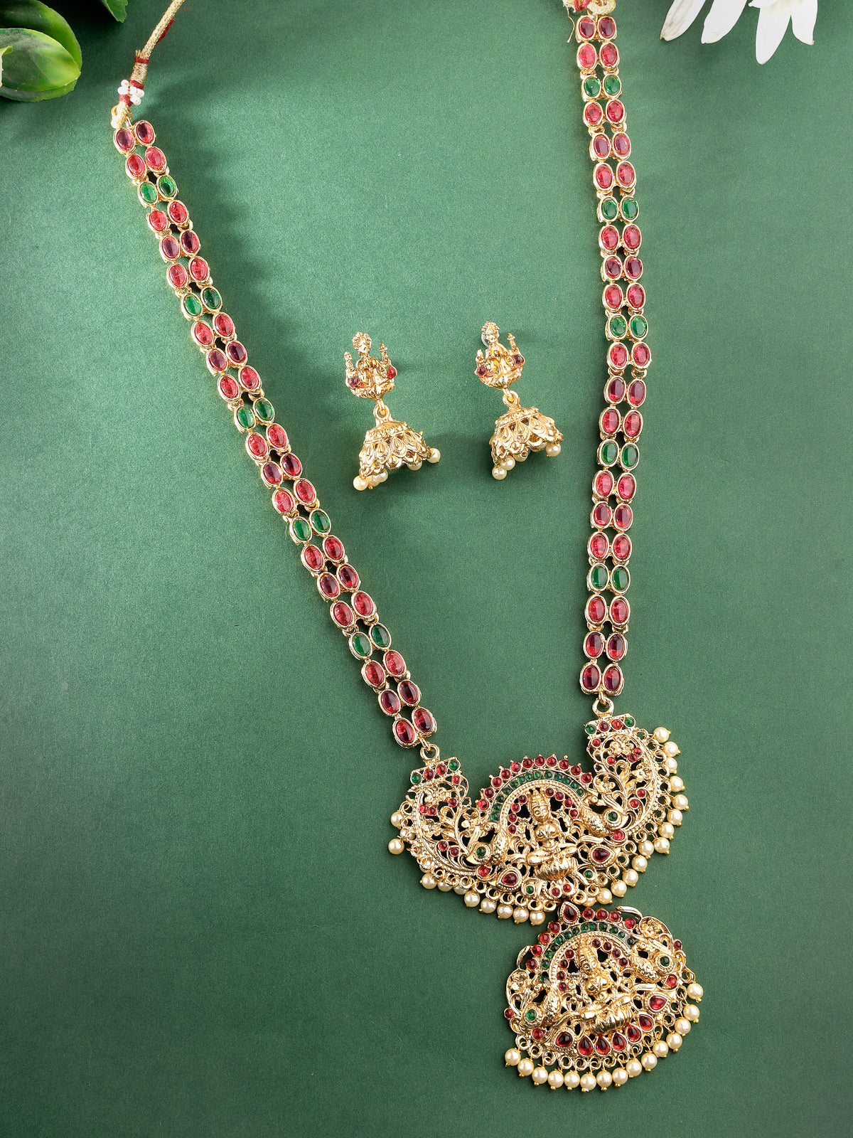 Sukkhi Traditionally Gold Plated Red Green AD Stones Studded Long Temple Gold Haram Designs Necklace Set with Jhumki/Jhumka Earrings Jewellery Set For Women & Girls|Set of 1|NS106088