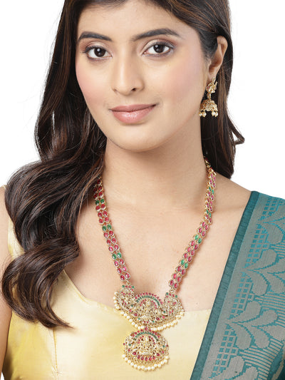 Sukkhi Traditionally Gold Plated Red Green AD Stones Studded Long Temple Gold Haram Designs Necklace Set with Jhumki/Jhumka Earrings Jewellery Set For Women & Girls|Set of 1|NS106088
