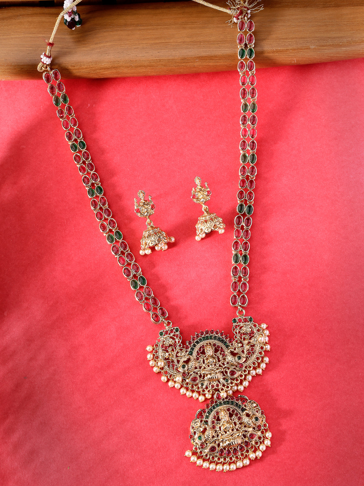 Sukkhi Traditionally Gold Plated Red Green AD Stones Studded Long Temple Gold Haram Designs Necklace Set with Jhumki/Jhumka Earrings Jewellery Set For Women & Girls|Set of 1|NS106088