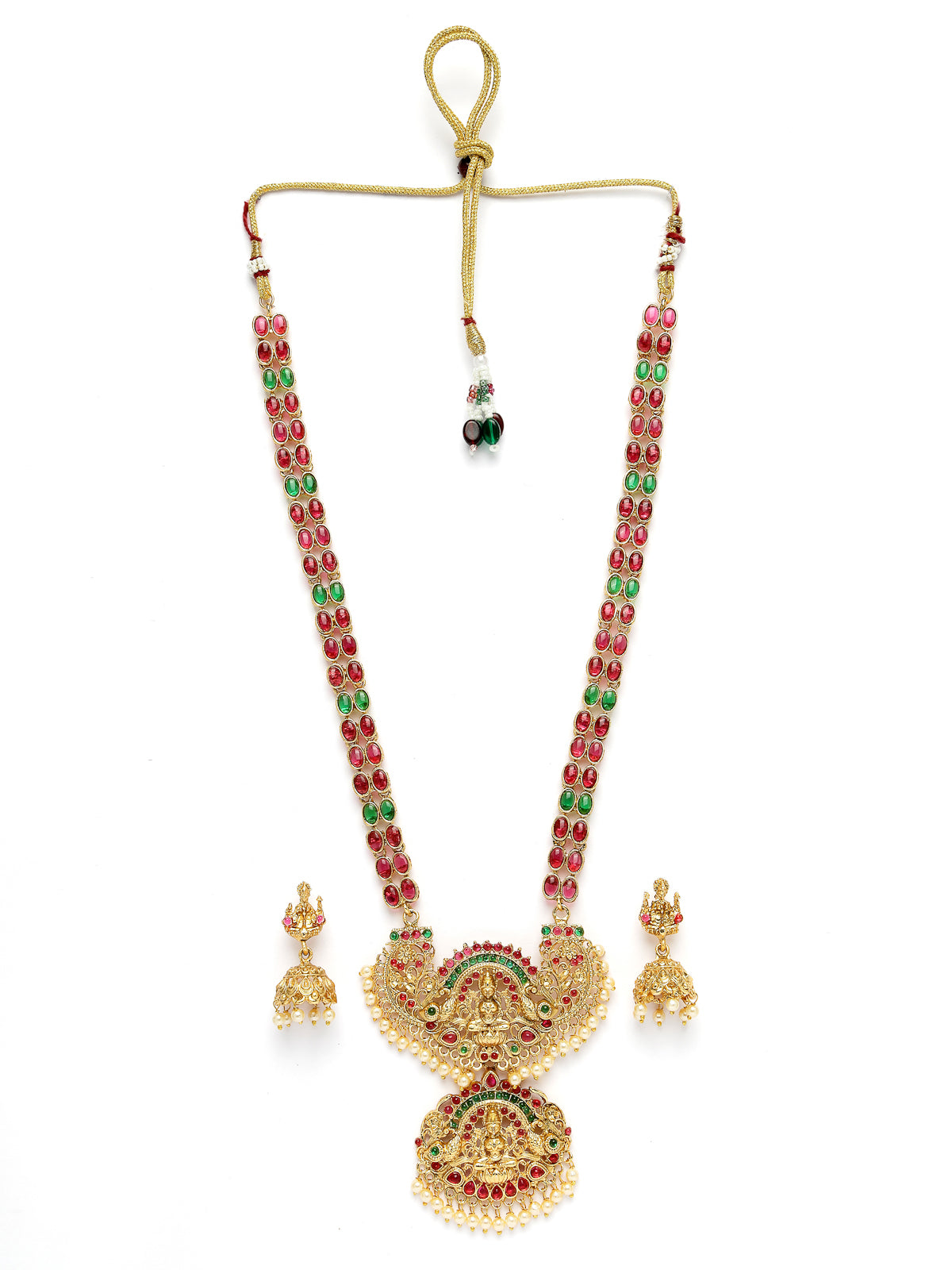 Sukkhi Traditionally Gold Plated Red Green AD Stones Studded Long Temple Gold Haram Designs Necklace Set with Jhumki/Jhumka Earrings Jewellery Set For Women & Girls|Set of 1|NS106088