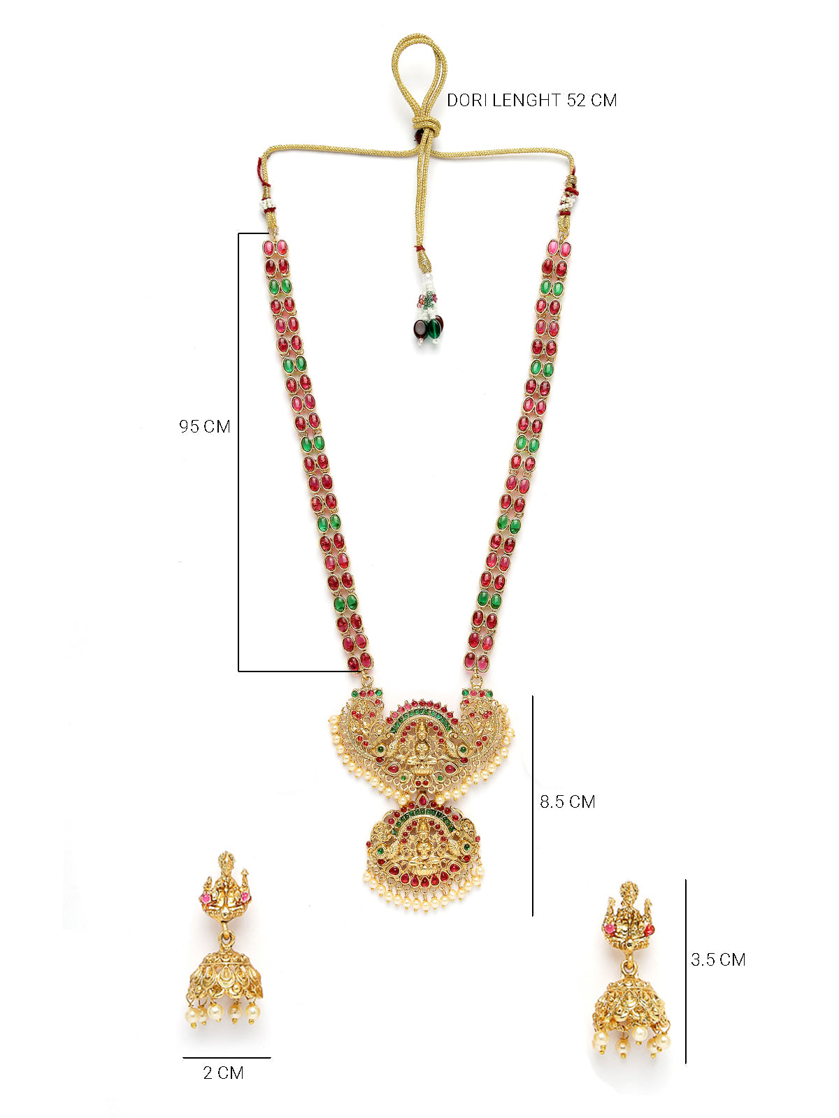 Sukkhi Traditionally Gold Plated Red Green AD Stones Studded Long Temple Gold Haram Designs Necklace Set with Jhumki/Jhumka Earrings Jewellery Set For Women & Girls|Set of 1|NS106088