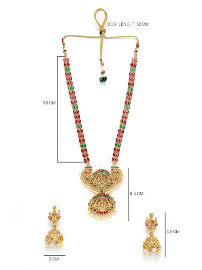 Sukkhi Traditionally Gold Plated Red Green AD Stones Studded Long Temple Gold Haram Designs Necklace Set with Jhumki/Jhumka Earrings Jewellery Set For Women & Girls|Set of 1|NS106088