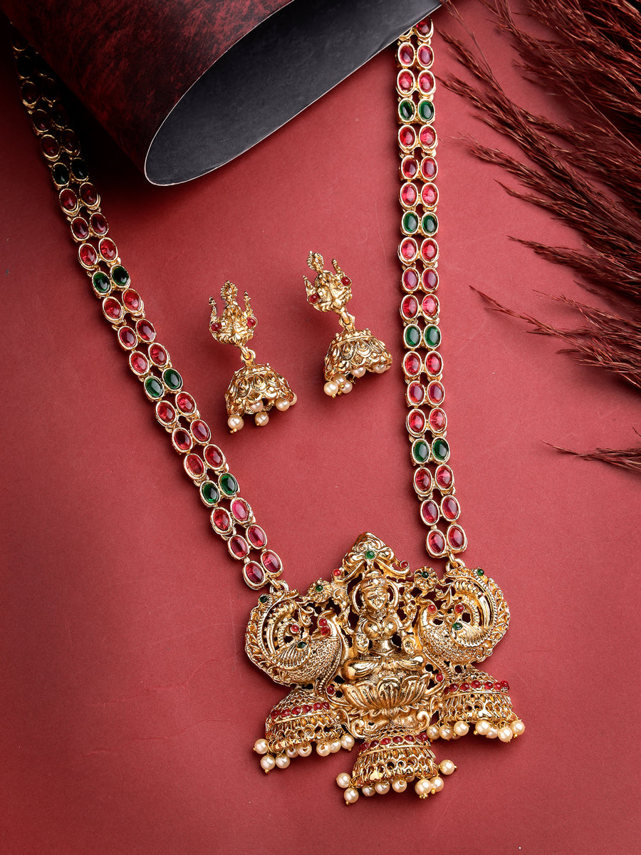 Sukkhi Classic-Inspired Gold Plated Red Green AD Stones Studded Long Temple Gold Haram Designs Necklace Set with Jhumki/Jhumka Earrings Jewellery Set For Women & Girls|NS106089