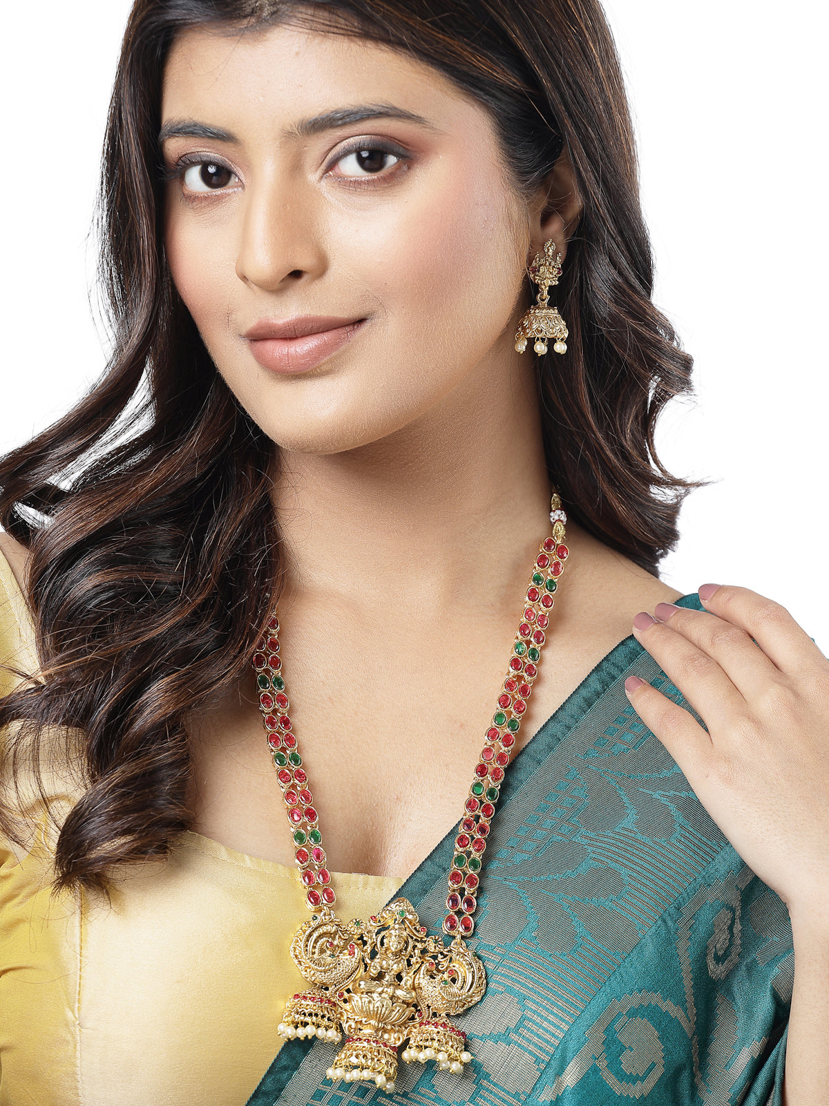 Sukkhi Classic-Inspired Gold Plated Red Green AD Stones Studded Long Temple Gold Haram Designs Necklace Set with Jhumki/Jhumka Earrings Jewellery Set For Women & Girls|NS106089